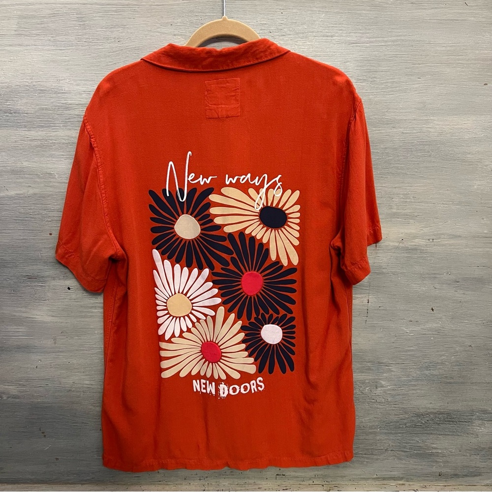 Denim & Flower Ricky Singh Orange Floral‎ Print Back Button Down Shirt Large GC